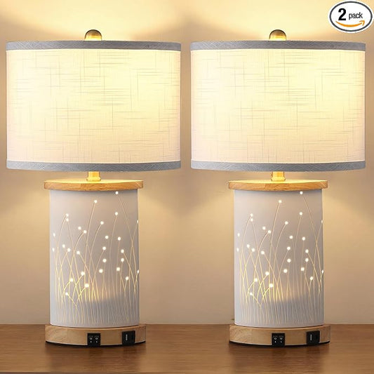 Set of 2 Ceramic Table Lamps with 3 Color Temperatures, Nightstand Table Lamps with AC Outlet, USB A & C Charging Port, Bedside Lamps for Living Room, Bedroom, Office Reading, Burlywood