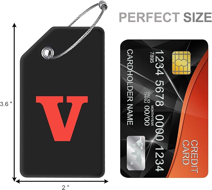 Gostwo 2 Pack Silicone Luggage Tags for Suitcases, 26 Initial Letter Baggage Labels Handbag School Bag Suitcase Instrument Tag with Stainless Steel Loop(Black)(Letter V)
