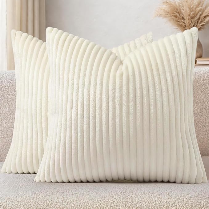 Simmore Decorative Spring Euro Sham Throw Pillow Covers 24x24 Set of 2, Soft Natural Plush Flannel Double-Sided Fluffy Couch Pillow Covers for Sofa Living Room, Cream White