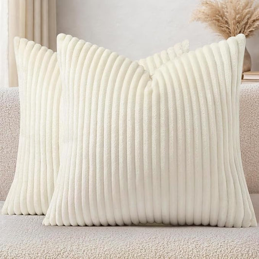 Simmore Decorative Spring Throw Pillow Covers 20x20 Set of 2, Soft Natural Plush Flannel Double-Sided Fluffy Couch Pillow Covers for Sofa Living Room, Cream White