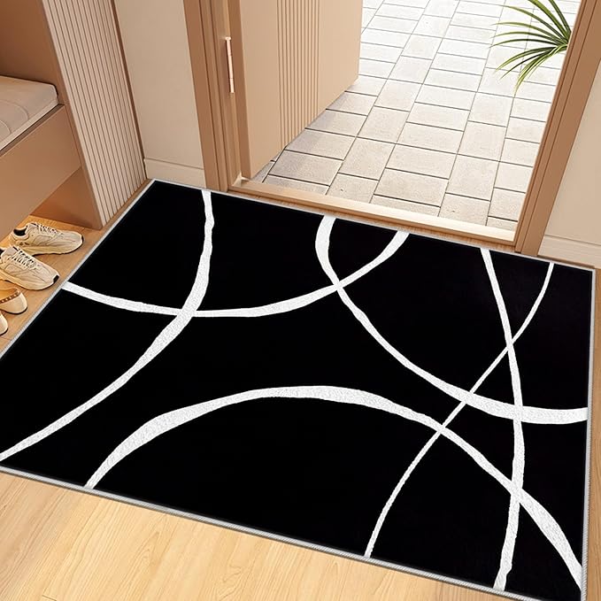 Black and White Rugs, Abstract Rug, Modern Minimalist Rug, Curved Line Design Carpet, Black and White Abstract Rugs Washable Non Slip Home Decor 3x4