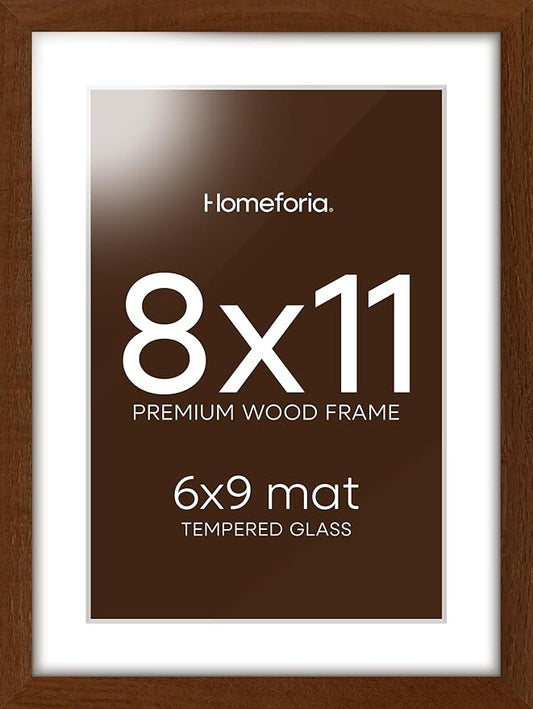 Homeforia 11x8 Picture Frame Brown, High End Dark Oak 8x11 Walnut Wooden Frames with Mat 6x9 Photo, 8 x 11 Wood Frame Matted to 6 by 9 Print, Wall or Tabletop Frame, Tempered Glass, Wall Kit, Set of 1
