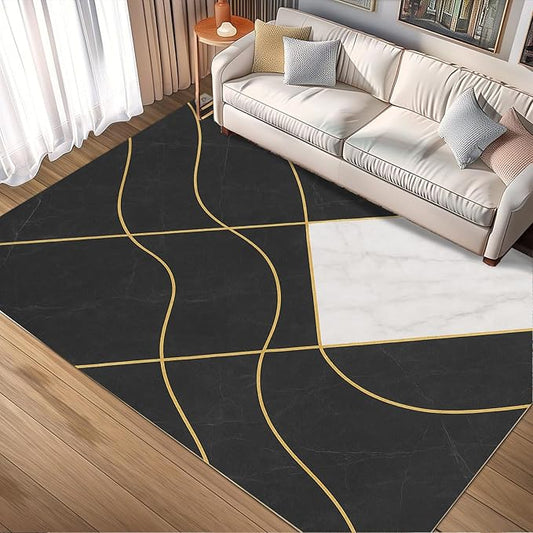 Geometric Marble Rug - 4x5 Rug, Abstract Lines Area Rugs, Luxury Marble Outdoor Rugs, Washable & Non Slip Carpet Home Decor