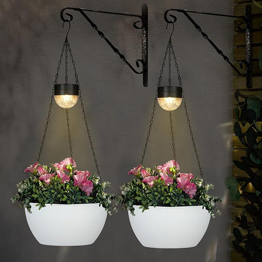 SUNNYPARK 2 Packs Hanging Planters Basket for Outdoor Plants, Solar Powered Self Watering White Round Plastic Flower Pots with Drainer for Balcony Patio Garden Outdoor Decoration