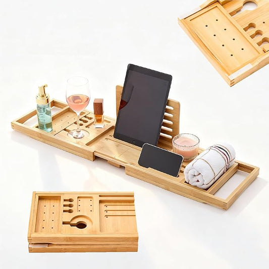 Premium Foldable Bamboo Bathtub Tray Caddy, Expandable Bath Caddy Tray with Holder, Natural Bath Shelf Over Tub, Spa Bathroom Accessories & Gifts for Home