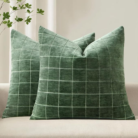 MIULEE Decorative Chenille Check Throw Pillow Covers Vintage Plaid Couch Pillows 18x18 Inch Set of 2 Neutral Boho Cushion Covers Modern Spring Home Decor for Sofa Bed Living Room Moss Green