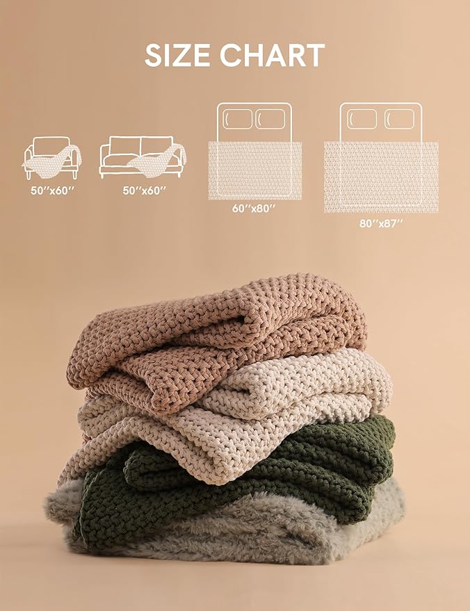 YnM Chunky Cotton Knit Throw Blanket, Cable Knit Throws for Bed Couch Sofa, Comfy & Relaxing, Decorative Piece for Farmhouse Modern Boho Rustic Scandinavian Chic Vibe, Cream White 50x60 Inches