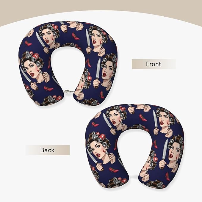 Travel Pillow for Men Women, Washable Relax U Shaped Neck Pillows for Car Head Pain Relief Sleeping Knife Mirror Goth Gotik Gothic Women Girl Make Up Art