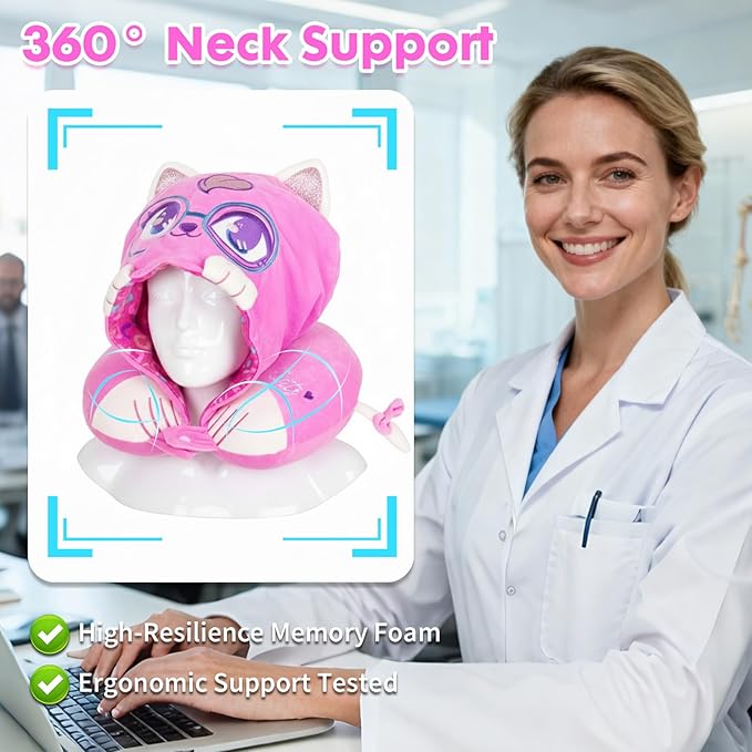 Travel Neck Pillow with Hood for Kids Adult Cute Soft Plush Memory Foam Airplane Neck Pillow for Traveling Animal Flight Pillow Head Rest Neck Support for Cars Long Flights