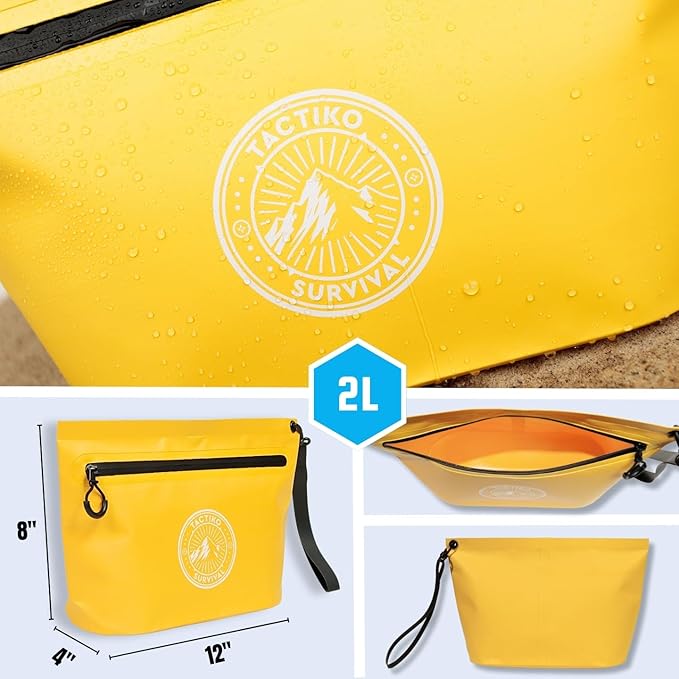 Tactiko 3L Water Resistant Pouch - Waterproof Material w/Splashproof Zipper - Hold All Zipper Bag for Storage, Toiletries, Travel, Beach, Cruise, Home (Yellow)