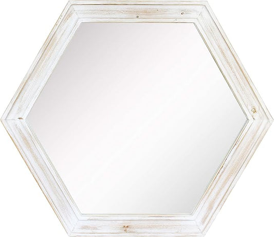 Stonebriar Decorative 24" Hexagon Wall Mirror with Worn White Wood Frame and Attached Hanging Bracket, Decorative Country Rustic Decor for the Living Room, Bedroom, Bathroom, Hallway, and Entryway