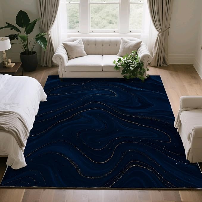 Luxury Marble Rug - 6x9 Area Rugs, Navy Blue Marble Kids Rugs, Modern Abstract Area Rug, Washable & Non Slip Large Rug Home Decor