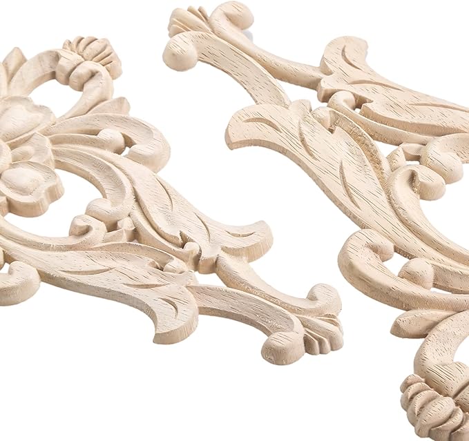 MUXSAM Wood Carved Appliques Furniture Decorative Onlays, 4Pcs Unpainted DIY Center Carving Decal for Door Wall Ceiling Cabinet Dresser Mirror Bed Mantel Bench Decoration, 20x10cm/7.8"x3.94"