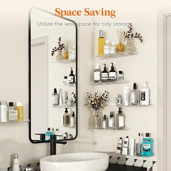Lifewit Floating Shelves for Bathroom, 15" Acrylic Wall Organizer for Perfume, Makeup, Figures, Nail Polish, Photo, Book, Decor Display Rack for Nursery, Living Room, Bedroom, Kitchen, Clear, 12 Pack