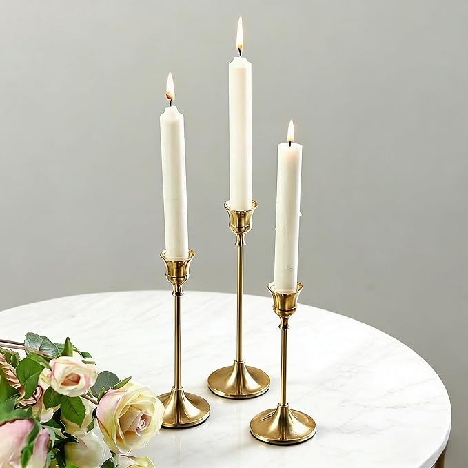 2 Sets(6 Pcs) Candle Stick Holders，Brass Gold Metal Taper Candle Holders, Vintage Modern Decorative Centerpiece Candlestick Holders for Table Mantel Wedding Housewarming Gift