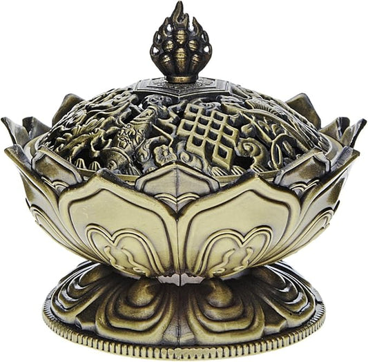 Saim Vintage Lotus Incense Burner Holder,Chinese Buddha Alloy Metal Incense Burner Incense Holder Handmade Censer Bowl Buddhist Decor, Home Decoration-Large-Bronze