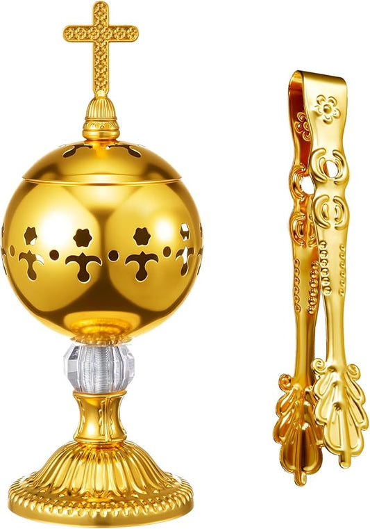 Zonon Catholic Incense Burner with Tong Charcoal Polished Metal Brass Censer Holder Christian Church Censer Burner Holder Cones Cross 7. 9" Aromatherapy Fragrance Ornament(Gold)