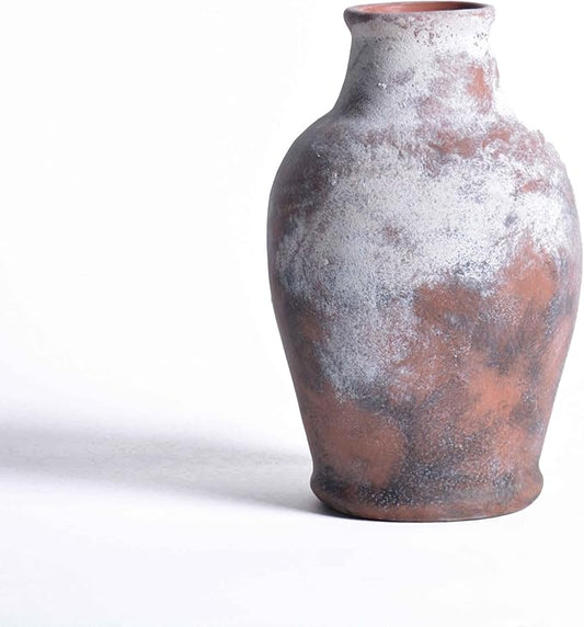 Handmade Rustic-Style Ceramic Decorative vase, Dimensions 8.3 x 5.5 inches, Featuring Distressed Gray and Terracotta hues, Suitable for Rustic, Country, and Various Decor Styles.