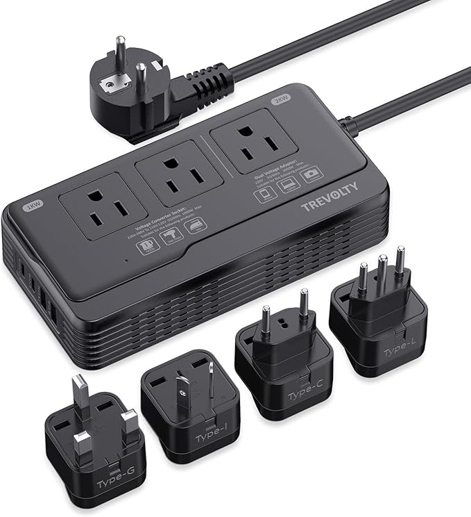 2000W Voltage Converter US to Europe for Hair Dryers, 7-in-1 220V to 110V Converter for European Travel with 3 AC/2 USBA/2 USBC Ports, Universal Power Converter Adapter Combo with EU/UK/IT/AU Plugs