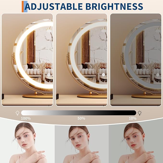GarveeHome 19 in Vanity Mirror with Lights, Round Large LED Vanity Mirror with Smart Touch 3 Colors Dimmable, Touch Lighting, 360° Rotation for Dressing Room & Bedroom Tabletop, Easy Assembly(Gold)