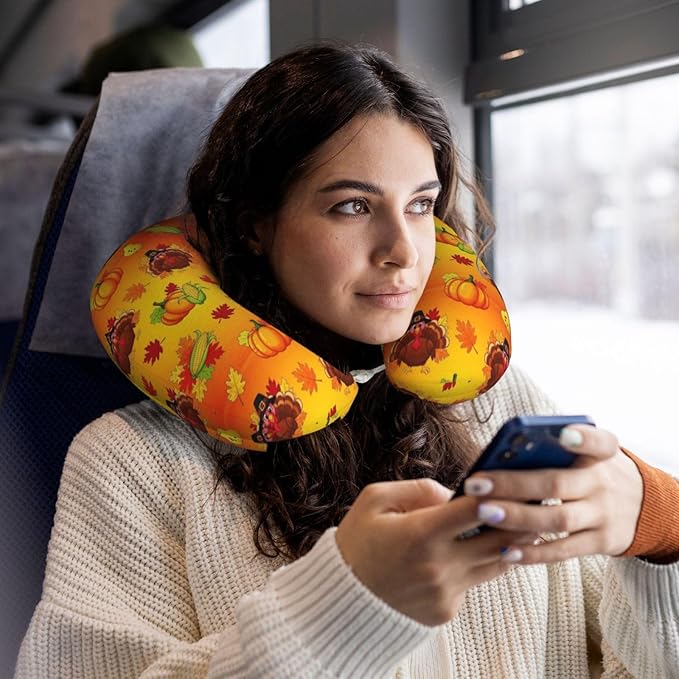 Neck Travel Pillow, Women Men Washable Airplane Car Pillows Thanksgiving Cute Turkey Pumpkin, Head Support Rest U Shaped Cushion Comfortable for Watching TV