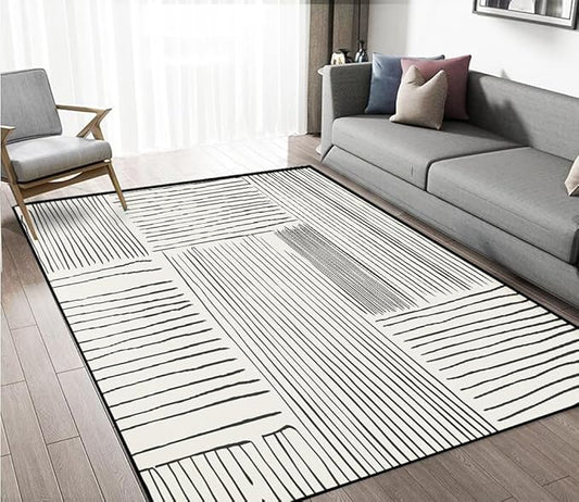 Area Rug 5x7 Feet Abstract Lines, Non-Slip Comfort Floor Mat Washable Rug Modern High Traffic Durable for Living Room, Bedroom, Home Office (Black White)