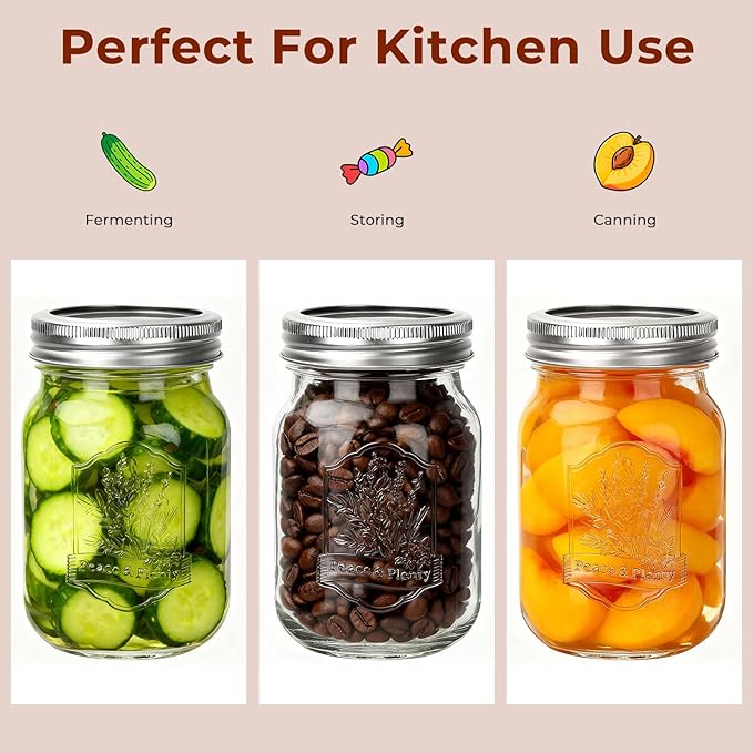 CycleMore 9 Pack 16 oz Mason Jars with Airtight Lids - Embossed Pint Glass Canning Jars for Pickling, Food Storage, Wedding Favors & DIY Crafts - Regular Mouth Design with Labels & Jute String