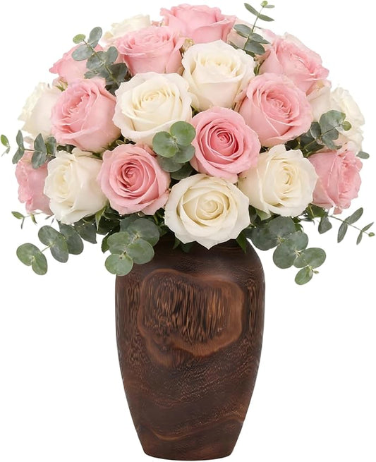 Handmade Eco-Friendly Wooden Vase Set - Natural Solid Paulownia Wood Vases for Home Decor, DIY Hand-Painted Design, Unbreakable Decorative Gift Set (7”, 10”, 12”) (Carbonized Jar Vase 6×10.6in)
