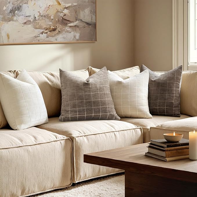 MIULEE Decorative Chenille Check Euro Shams Throw Pillow Covers Vintage Plaid Couch Pillows 26x26 Inch Set of 2 Neutral Boho Cushion Covers Modern Spring Decor for Sofa Bed Living Room Taupe Grey