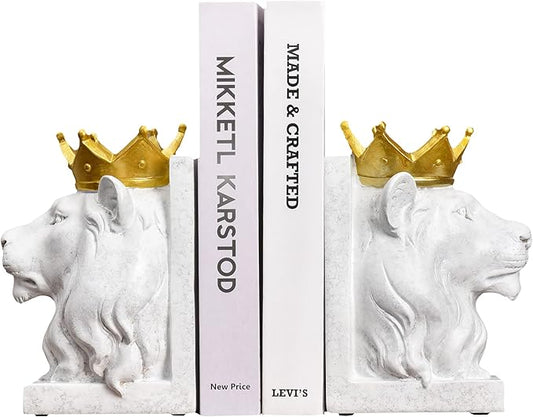 Decorative Lion Bookends - Modern Animal Book Stoppers for Heavy Books - White Lion Figurines