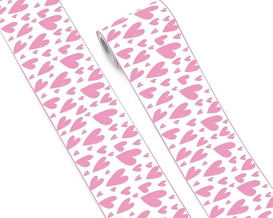 FLFK Pink Heart Wallpaper Border - Peel and Stick Wall Paper, Self Adhesive Removable PVC Borders Sticker, Modern Waterproof Trim for Home Decor, 6" x 240"