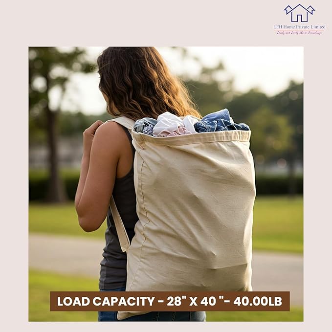 LFH Home Large Premium 100% Cotton Canvas Laundry Bag with Drawstring and Handles Heavy Duty, Multi-Use, and Washable for Home, Travel, College or Storage 28x36 (Pack of 2)-Natural