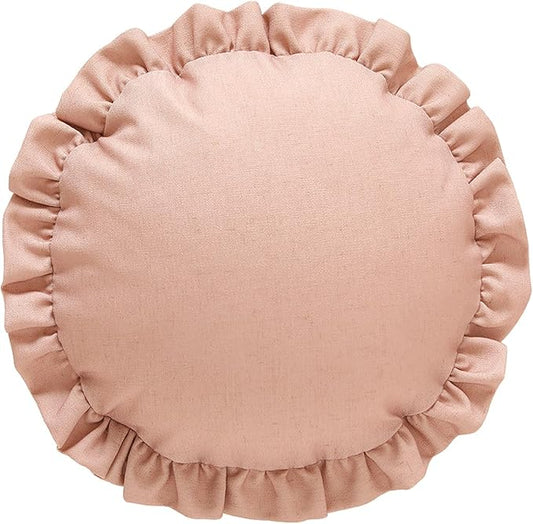 ISAENNE Classic Pink Round Throw Pillow Cover Diameter 16", Solid Color Cottage Linen Cotton Decoration Pillow Cover with Ruffles, Sturdy Throw Pillow Case for Couch Sofa Bed Living Room