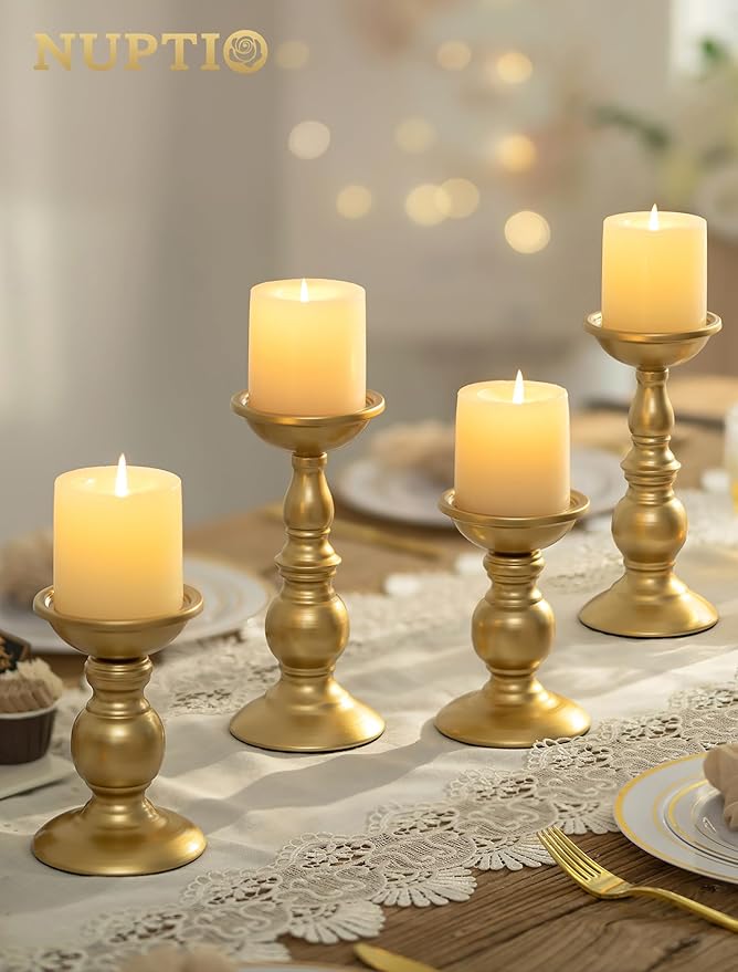 2 Pcs Gold Pillar Candle Holders, Gold Candlestick Most Ideal for 3" Pillar Candles, Gifts for Wedding, Party, Home, Spa, Reiki, Votive Candle (2 x S)