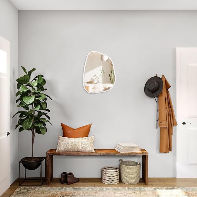 Irregular Wooden Framed Wall Mirror Modern Asymmetrical Unique Hanging Mirror Artistic Boho Mirror Decor Bathroom Vanity Bedroom Living Room Entryway Hallway 14'' x 10''
