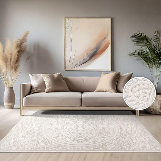 Paco Home Modern in- and Outdoor Rug with Carved Oriental Mandala Pattern in Cream, Size: 5'3" x 7'7"