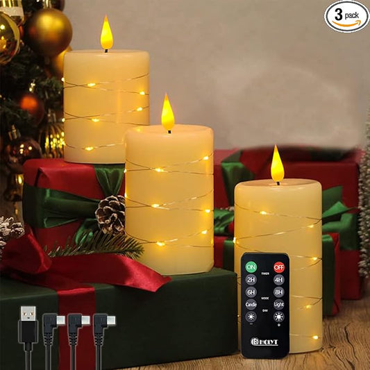 Rechargeable Flameless Candle, Flickering LED Pillar Real Wax Candle with Fairy Lights, Remote Control and Timer, Upgraded Teardrop Wick, Built-in Battery Electronic Candle, Set of 3