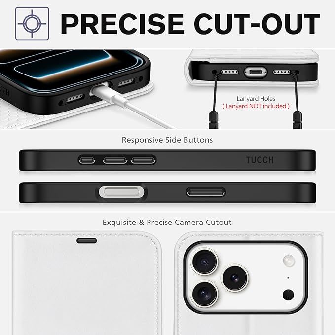TUCCH Wallet Case for iPhone 17 Pro Max (6.9") 2025, RFID Blocking 4 Card Holders | Kickstand | Shockproof TPU Shell | PU Leather | Magnetic Closure | Protective Flip Folio Cover | White