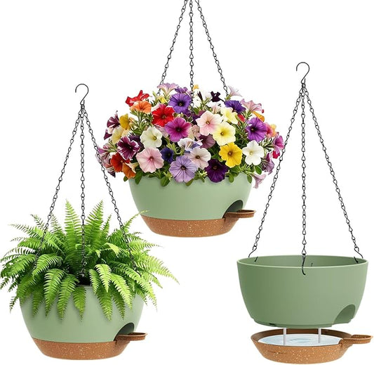 Set of 3-10 Inch Self Watering Hanging Planters for Indoor & Outdoor，Hanging Plant Pots with Drainage & Removable Tray, Modern Hanging Pots Holder for Ivy, Ferns, Balcony & Patio, Green and Brown