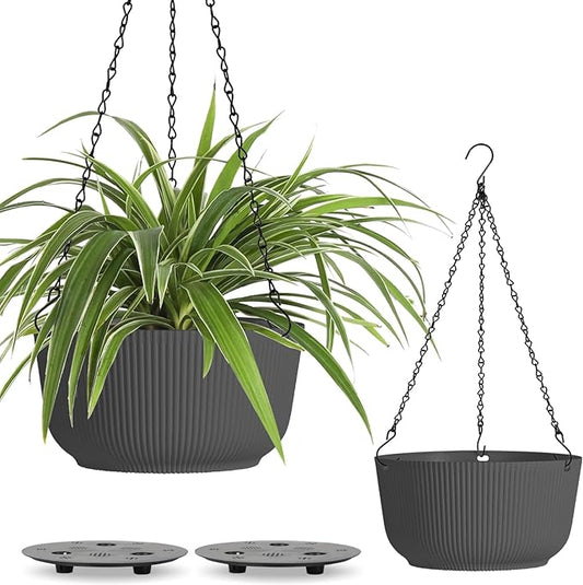 T4U 12 Inch Large Hanging Planters for Outdoor Plants, 2 Pack Self Watering Pots Indoor, Hanging Baskets for Plants,Hanging Flower Pot with Drainage Hole and Plant Hanger, Grey