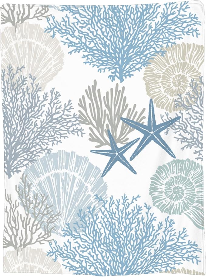 Nautical Coastal Blanket Starfish Seashell Coral Beach Themed Throw Blankets Gifts for Adults Sea Ocean Theme Lightweight Soft Fleece Cozy for Sofa Couch Bed Room Birthday Decor 50x60in