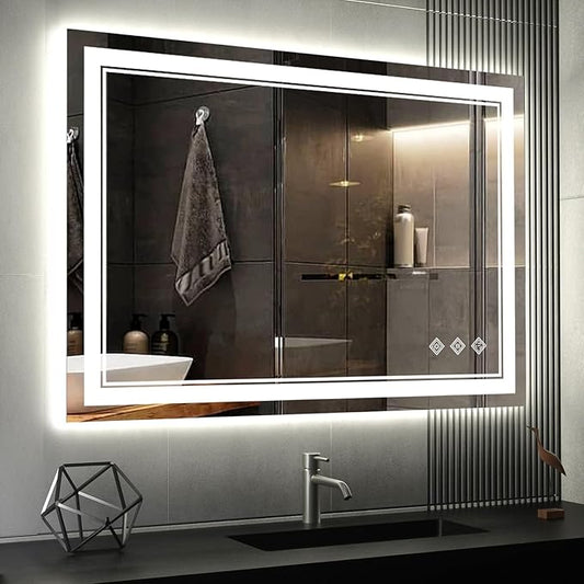 Lighted Bathroom Mirror, 40x30 Inch Gradient Front and Backlit LED Bathroom Mirror, 3 Colors Dimmable CRI>90 Double Lights, Enhanced Anti-Fog, Hanging Plates Wall Mount LED Mirror