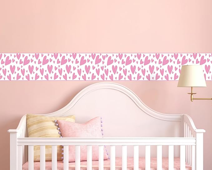 FLFK Pink Heart Wallpaper Border - Peel and Stick Wall Paper, Self Adhesive Removable PVC Borders Sticker, Modern Waterproof Trim for Home Decor, 9" x 240"