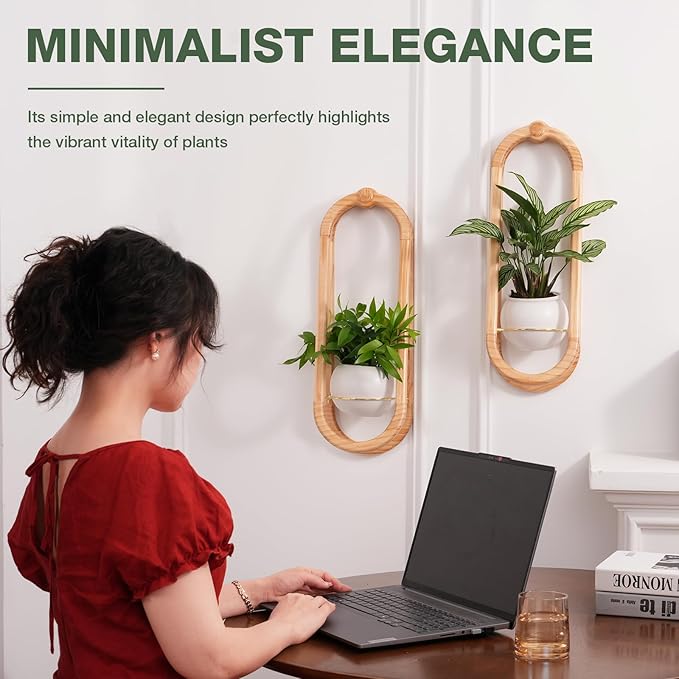 Wooden Wall Planters for Indoor with Ceramic Pot - Modern Hanging Plant stand Shelf for Indoor Plants, Wall Mounted Plant Holder for Living Room, Bedroom, Wall Decor - Raw Wood Color (Set of 1)