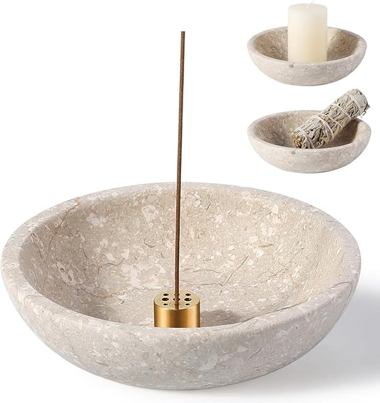 Koville Natural Marble Incense Holder, Incense Holder for Sticks with 9 Holes, Handmade Incense Burner Ash Catcher for Meditation Yoga SPA, Balsam Fir/Palo Santo/Sage/Cone (D=150-RoyalBeige)