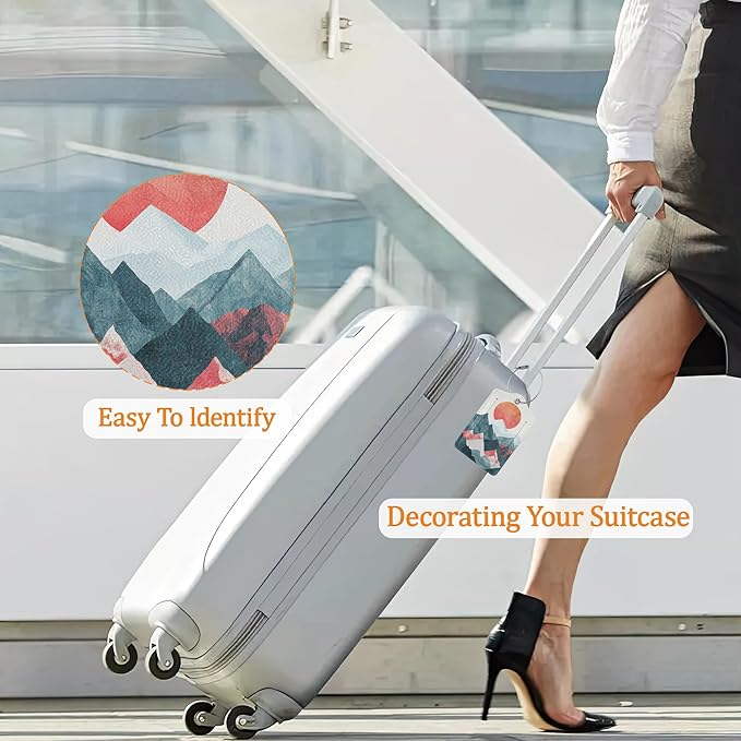 Boho Mountain Sun 3 Pack Luggage Tag for Suitcase, Leather Bag Tags with Privacy Cover ID Label and Durable Steel Loop for Cruise Airport Travel