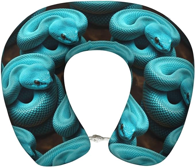 Travel Neck Pillows for Sleeping Rest Car Airplanes Mint Green Snake Print, Memory Foam with Removable Breathable Zipper Cover Washable for Men Women