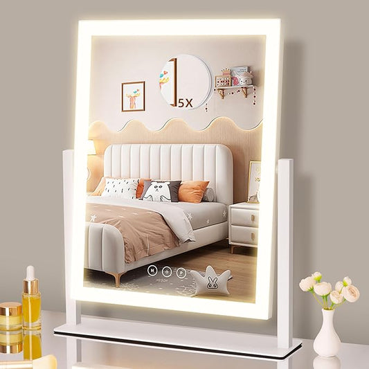 Lighted Vanity Mirror with Lights, Makeup Mirror with Light, 16.7"x 13.2",Three Color Lighting Modes and Dimmable Lighting, Smart Touch Control, 360°Rotation, for Vanity Desk Tabletop,Dressing Room