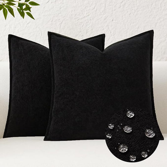 Kevin Textile Waterproof Decorative Pillow Covers Black 24x24 Inch Pack of 2 Soft Boucle Textured Euro Pillowcases Elegant Accent Pillows for Couch Sofa Chair Bed Home Decor Indoor Outdoor
