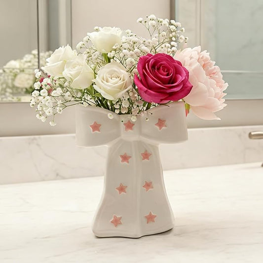 White Bow Vase, White and Pink Flower Vase for Home Decor, Ceramic Vases for Boho Style, Large Cute Vases for Ideal Shelf Decor/Table/Living Room. (Pink 3, Large)